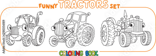 Funny vector tractors with eyes. Coloring book set
