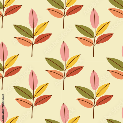 Colorful autumn leaves scattered on colorful background create a vibrant seasonal pattern. Seamless pattern ,hand drawn illustration ,cozy autumn pattern for social media ,wrapping paper and fabric .