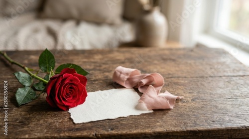 A single red rose and blank note with ribbon on a wooden table