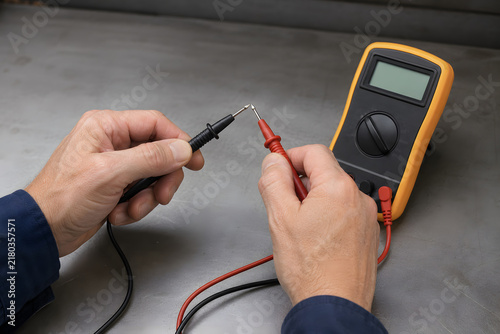 Plakat Technician testing electrical continuity with digital multimeter probes