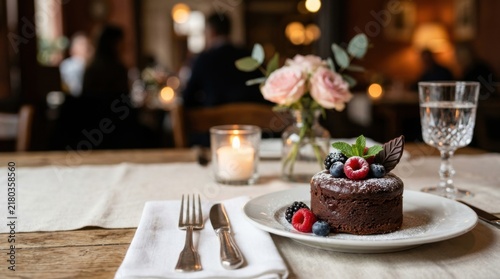 Gourmet Chocolate Cake with Fresh Berries and Mint on a Restaurant Table