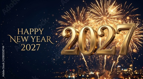 Spectacular fireworks show ushering in new year 2027 golden text symbolizing fresh starts