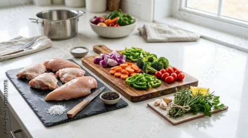 Raw Chicken and Freshly Chopped Vegetables Prepared for Cooking on a Kitchen Counter