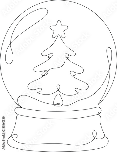 Christmas snow globe with festive tree and star in minimal continuous line art, perfect for holiday, winter and seasonal designs