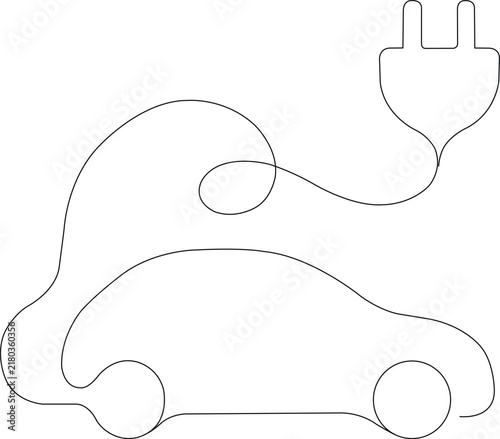 Minimal continuous line illustration of an electric car with charging plug, symbolizing EV charging, clean energy and sustainable transportation