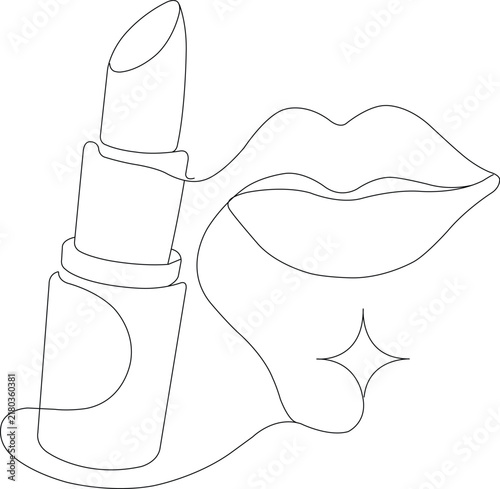 Continuous line illustration of lipstick with feminine lips and sparkle, representing lip makeup, cosmetics, beauty routine, glamour, makeup products and personal care