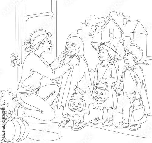 Children in Halloween costumes trick or treating at a house with pumpkin buckets, illustrating a festive neighborhood Halloween tradition