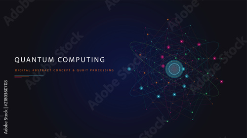 Quantum computing digital abstract concept background featuring a complex orbital atom structure with colorful qubit processing nodes in dark blue space.
