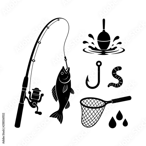 Foto Fishing gear icons set with rod reel fish hook net and bait silhouettes