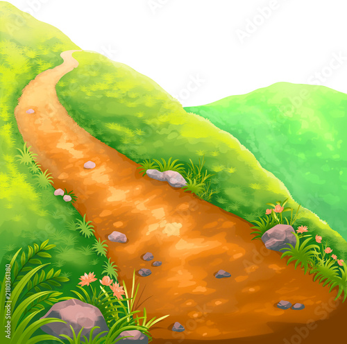Winding Dirt Path Through Green Hills Landscape Illustration