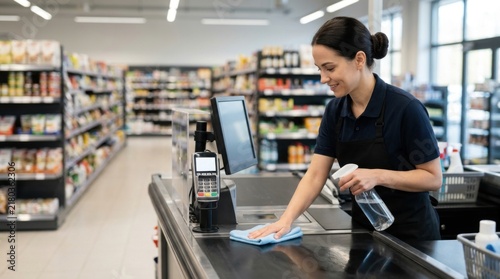 Smiling store employee cleaning a checkout counter in a supermarket