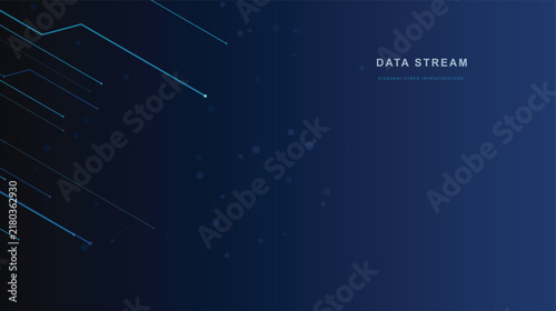 Diagonal cyber infrastructure data stream with neon blue lines and glowing points on dark navy background suitable for digital networking technology.
