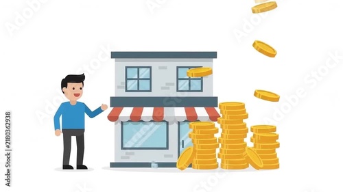 2d animation managing a growing business with coins. Finance and business concept