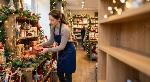 Store employee arranging Christmas gifts in festive holiday shop