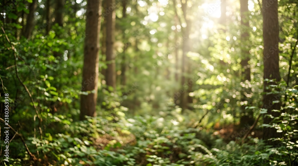 Obraz premium Blurred background of a lush forest with bright sunlight streaming through green tree canopies