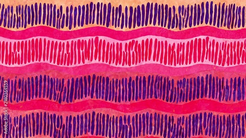 An abstract seamless motion background featuring vibrant horizontal wavy bands in magenta and red, filled with vertical hand-drawn purple dashes and strokes.