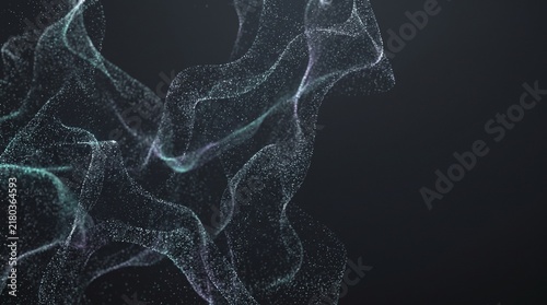 Abstract flowing wave of glowing cyan particle dust swirling against a dark background.