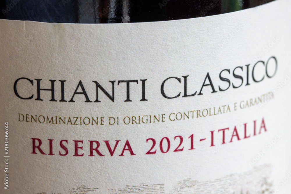 Obraz premium Close-up of a Chianti Classico red wine label, symbol of the famous Tuscan wine appellation in Italy.