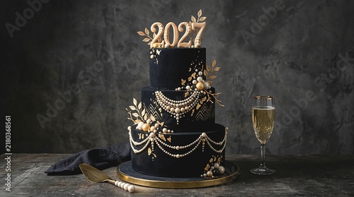 Elegant three tier black and gold 2027 New Year celebration cake with champagne