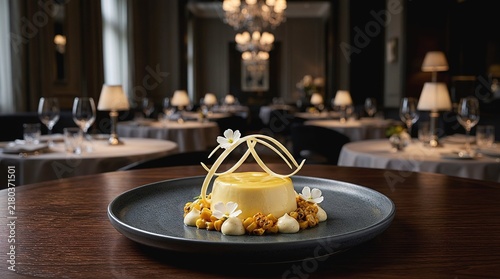 Elegant gourmet dessert with yellow glazed mousse and white chocolate decoration served on a plate