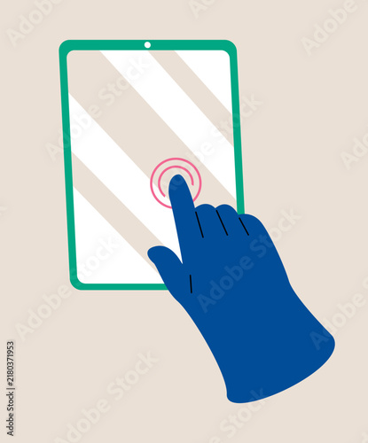 Hand touching tablet. Colorful vector illustration