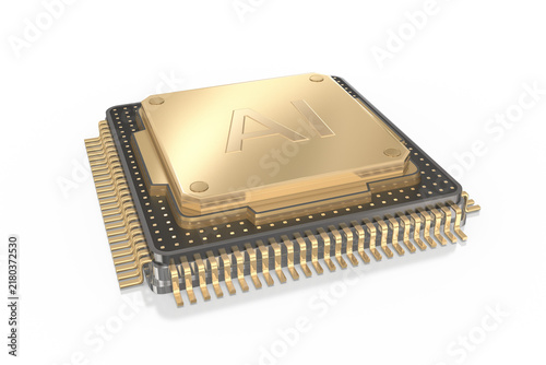 3d AI leistungsstarker Microchip gold, schwarz mit vergoldeten Leiterbahnen auf transparenten Hintergrund,freigestellt . 3D Illustration	
