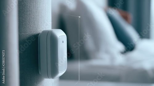 AI elderly fall detection A modern white doorbell mounted on a textured wall with a blurred bed and pillows in the background.