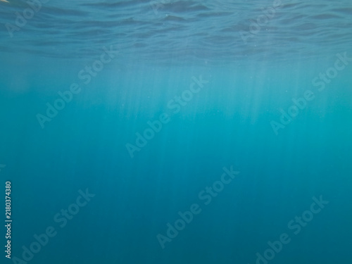 Принти на полотні Peaceful underwater view looking straight up toward the glittering water surface with bright sunlight rays penetrating through crystal clear blue sea