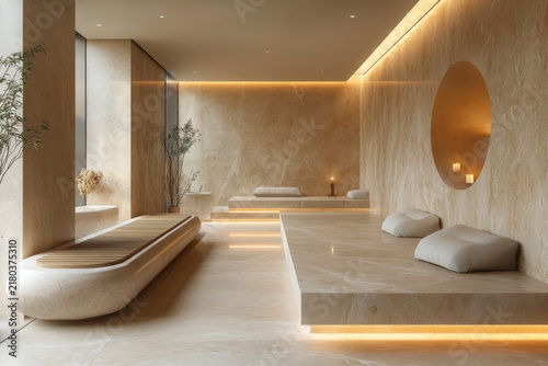 Large bathtub with spacious tub in front of a large mirror.