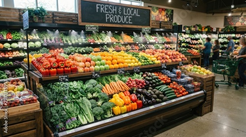 Colorful Fresh Fruits and Vegetables Display in Organic Grocery Store Produce Department
