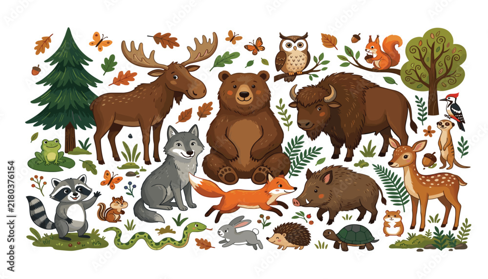 Obraz premium Collection of cute autumn woodland animal vector illustrations featuring cartoon forest creatures leaves trees and wildlife nature designs