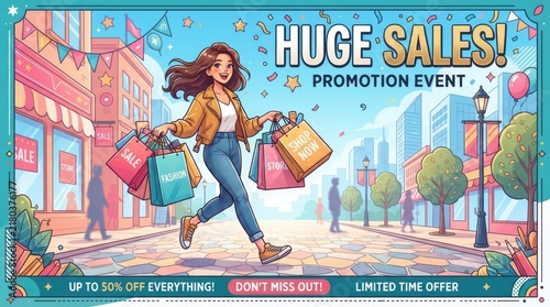 Huge Sales Promotion Event Illustration with Happy Woman Carrying Colorful Shopping Bags