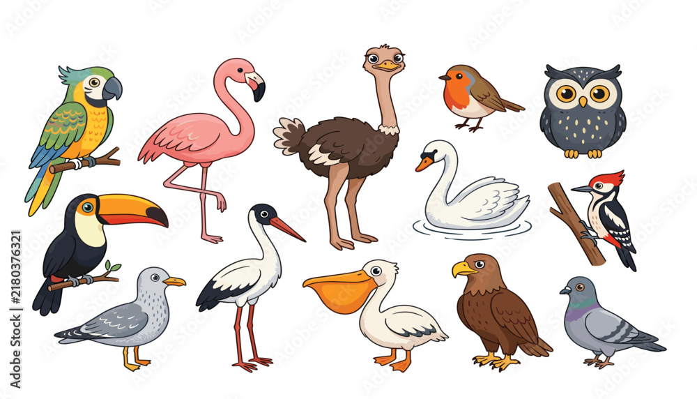 Obraz premium Collection of cute cartoon bird vector illustrations featuring various wild species like parrot flamingo owl eagle and toucan