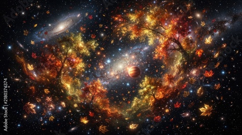 Cosmic Autumn Forest Forming Glowing Circle Among Galaxies Stars and Distant Planet