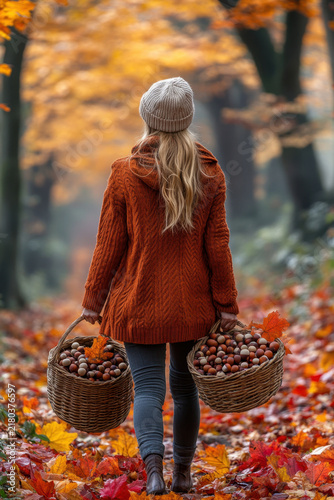 Woman walking through forest carrying baskets of chestnuts.