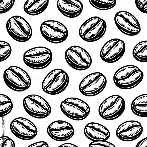 Seamless Pattern of Coffee Beans: A detailed, hand-drawn illustration of numerous coffee beans arranged in a repeating seamless pattern, perfect for backgrounds or decorative elements.