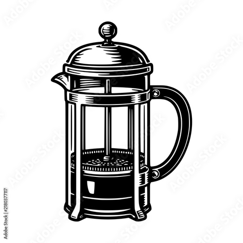 French Press Coffee Maker: A classic French press, rendered in a vintage illustration style, stands ready to brew a rich, aromatic cup of coffee.