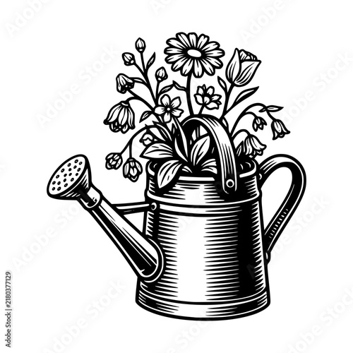 Watering Can with Blooms: A vintage watering can, rendered in a classic black and white sketch style, overflows with a charming assortment of delicate flowers and budding plants.