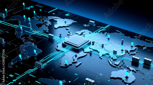 An aerial isometric view of vast global network with cloud computing data centers featuring bright neon circuit paths flowing between interconnected hubs