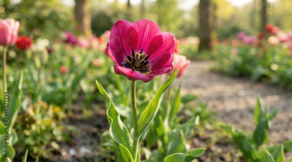 Fototapeta premium Close Up of Vibrant Pink Tulip Blooming in Colorful Spring Garden with Soft Natural Background