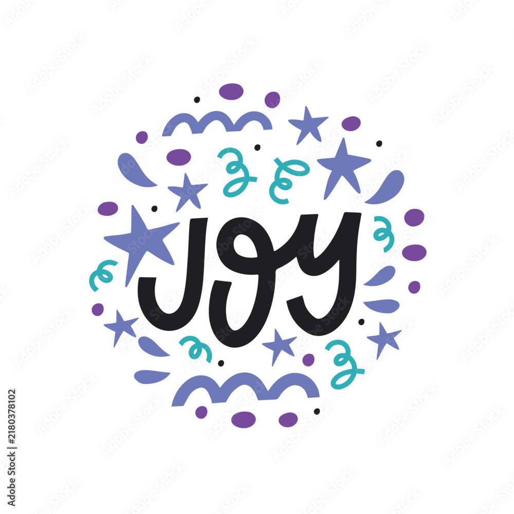 Fototapeta premium Festive joy phrase inside round composition with confetti and stars vector graphic. perfect for party invitations, Christmas greeting cards, holiday stickers, and web graphics.