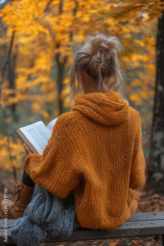 Woman reading a book on a bench.