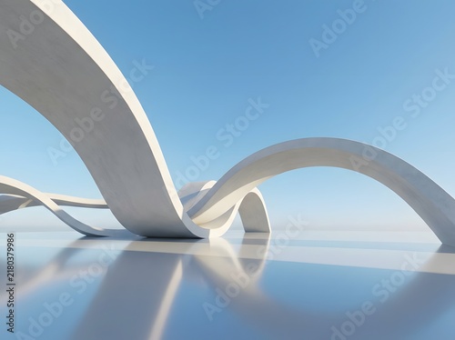 Abstract architectural structure with white curved arches on a reflective surface against a clear blue sky, minimalist 3d design