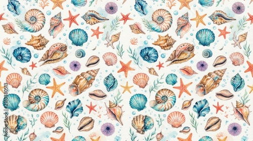 Colorful Watercolor Seashell and Starfish Seamless Pattern with Tropical Marine Elements