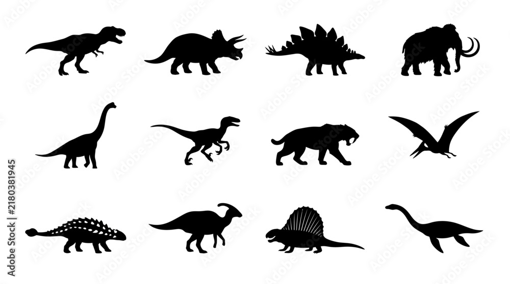 Fototapeta premium Dinosaur Silhouette Set - Prehistoric Animal Vector Icons