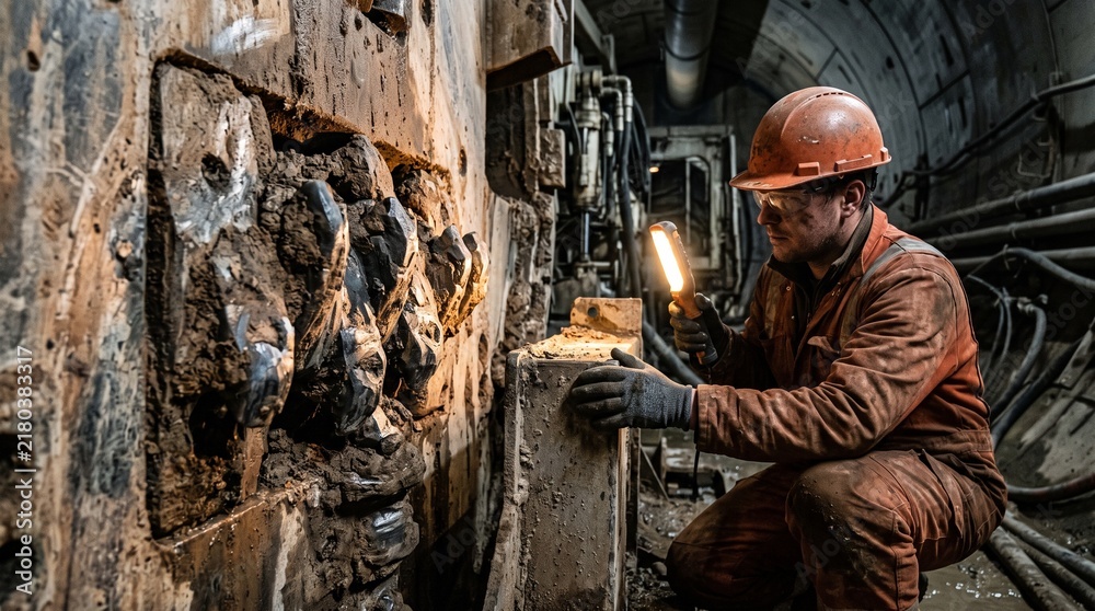 Fototapeta premium Engineer inspects cutter teeth inside a metro shield