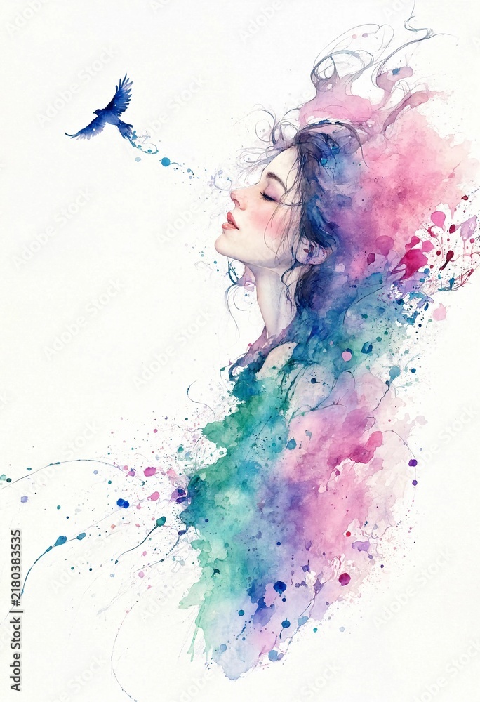 Fototapeta premium Ethereal Woman with Bird and Colorful Paint Splash