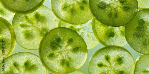 Thinly sliced green cucumber rounds, backlit for a translucent effect, showing intricate seed patterns