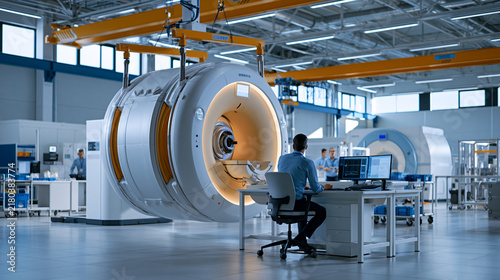 Inside spacious medical equipment factory hall, large superconductive magnet of MRI scanner is being lowered into final casing by overhead gantry systems, with copy space