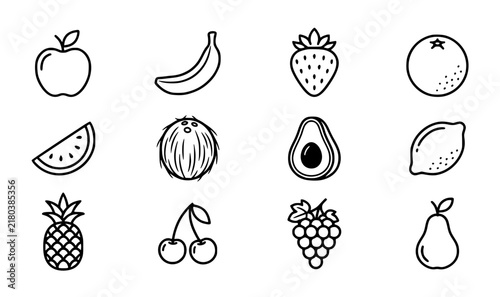 Fruits stroke vector icon set with minimal black outline fresh food symbols for juice bar branding